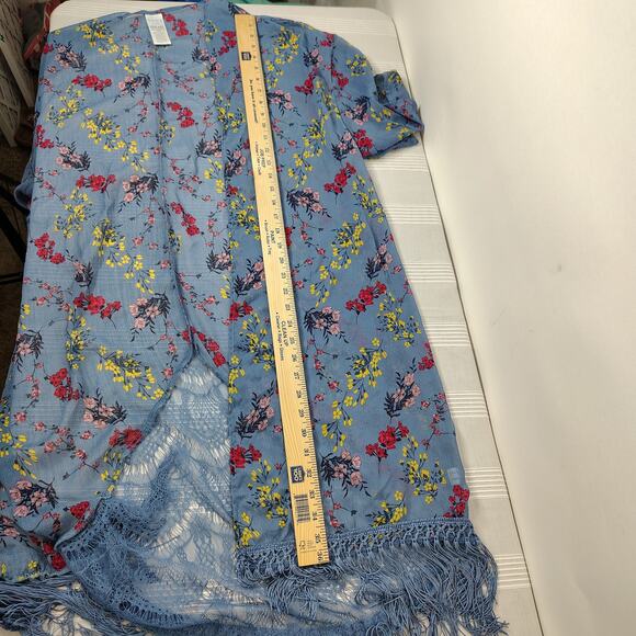 Blue Floral Open Front Kimono Cardigan w/‎ Fringe Hem & Lace Sheer Boho Cover Up - Picture 9 of 11